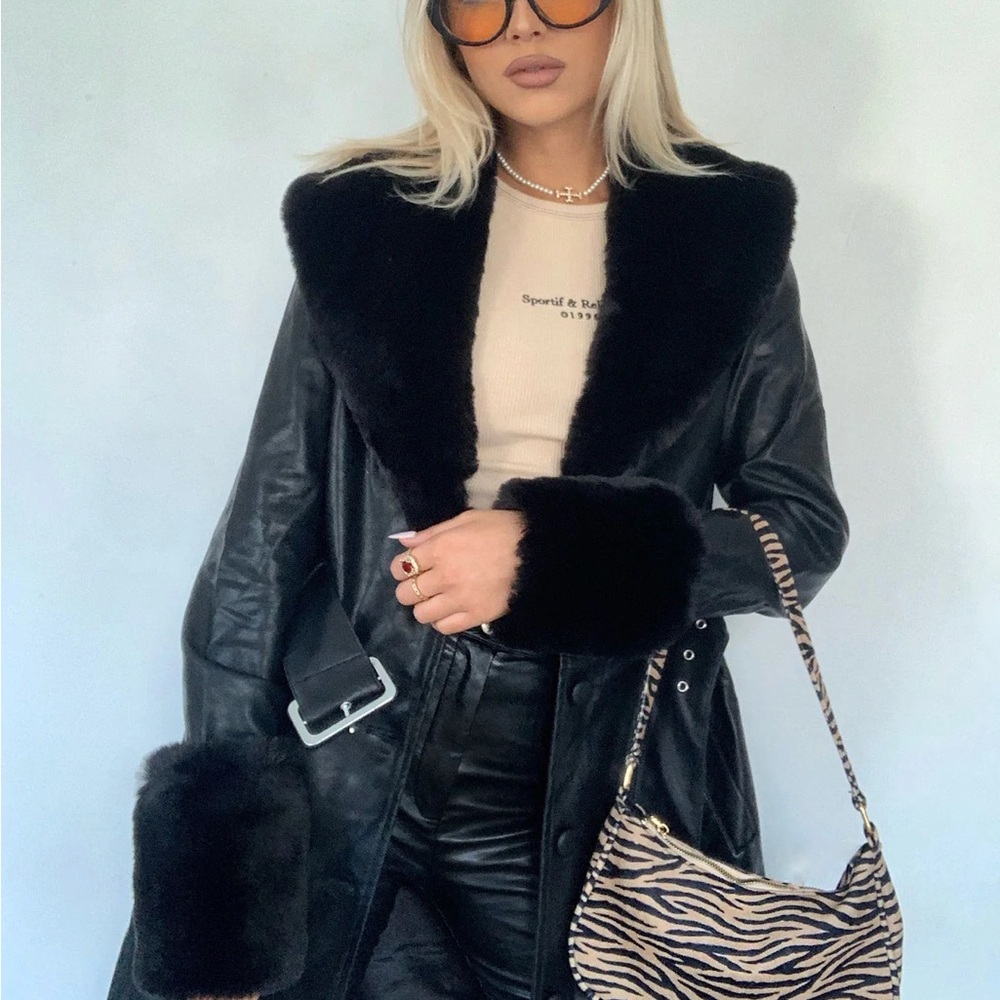 Lioness Brooklyn Faux Leather Fur Trim Coat / Black / Princess Polly